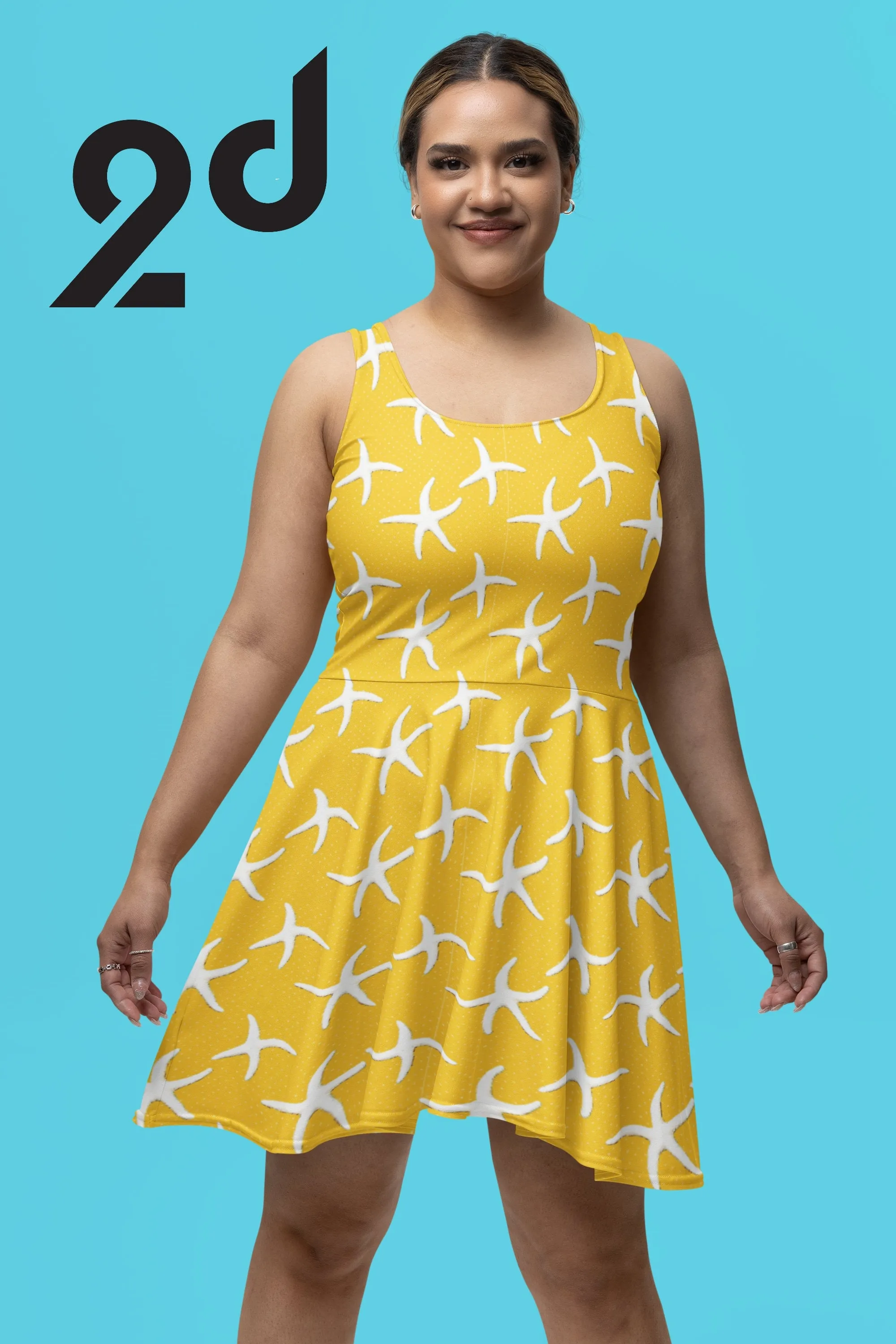 Yellow Skater Dress, Starfish print dress, Beach-themed dress, Women's yellow dress, Flared Dress, Flowy Dress, Womens Summer Dress