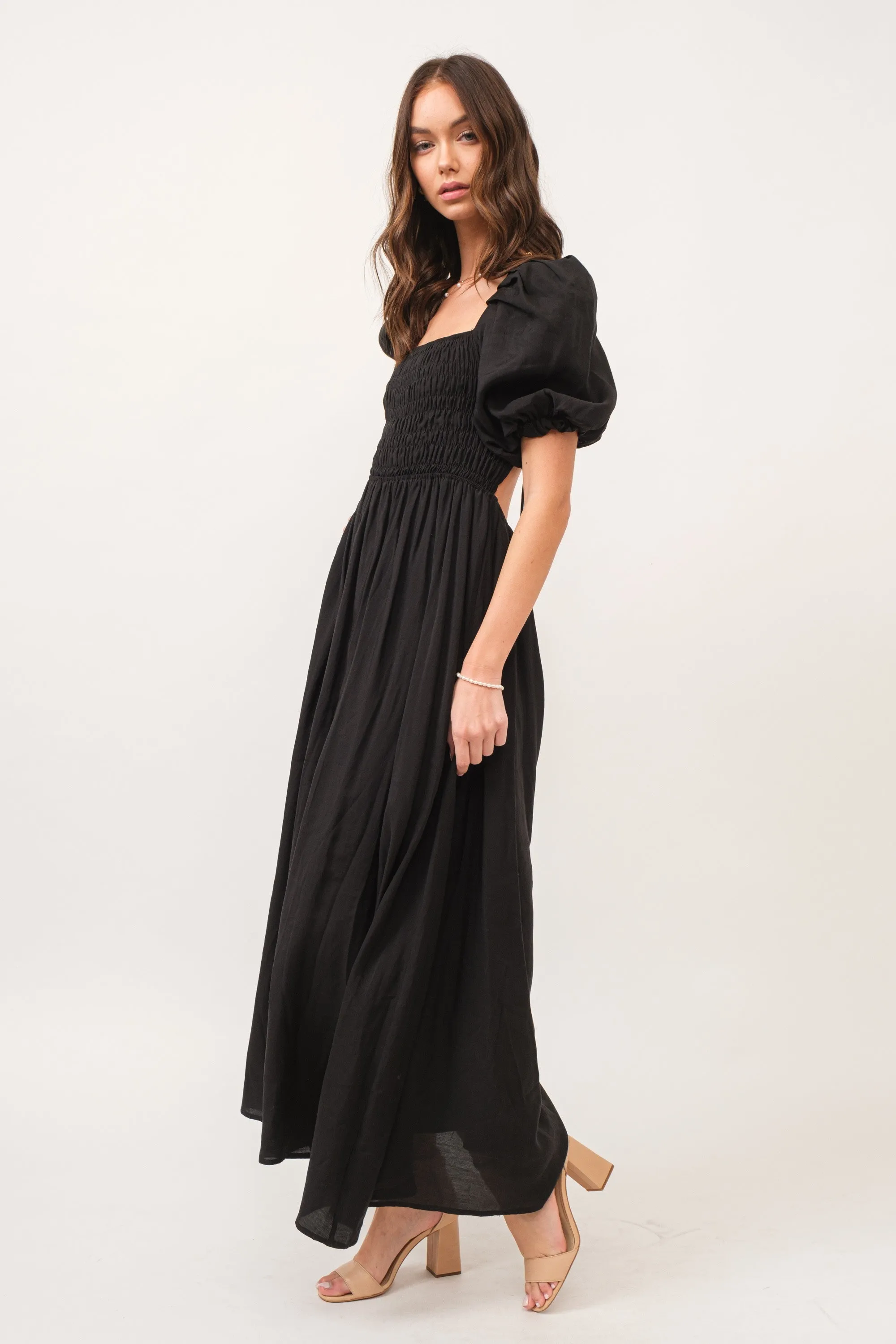 Zuri Black Open Back Smocked Midi Dress