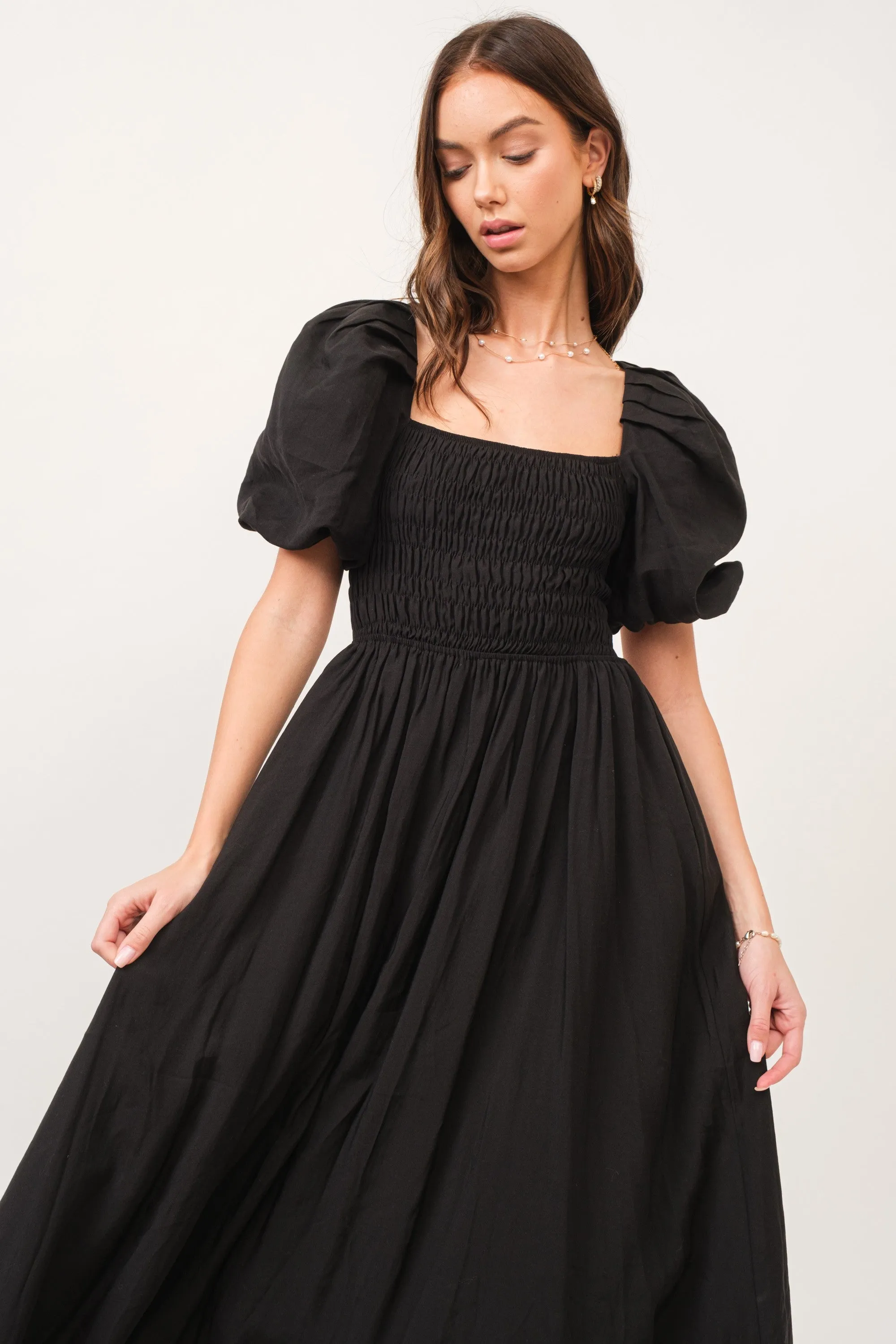 Zuri Black Open Back Smocked Midi Dress