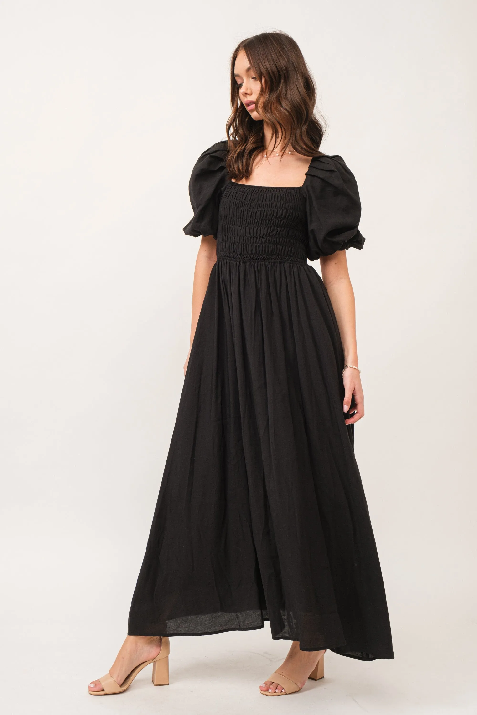Zuri Black Open Back Smocked Midi Dress