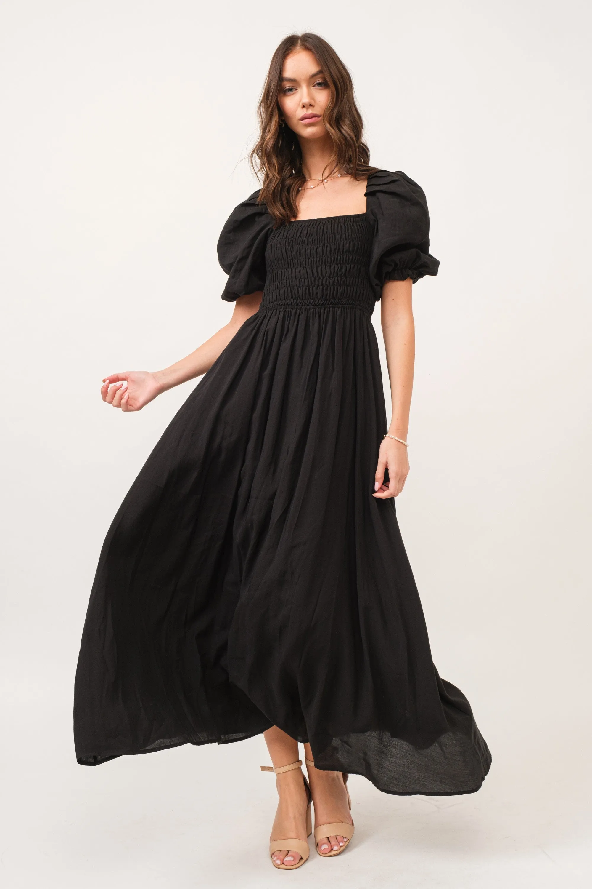 Zuri Black Open Back Smocked Midi Dress