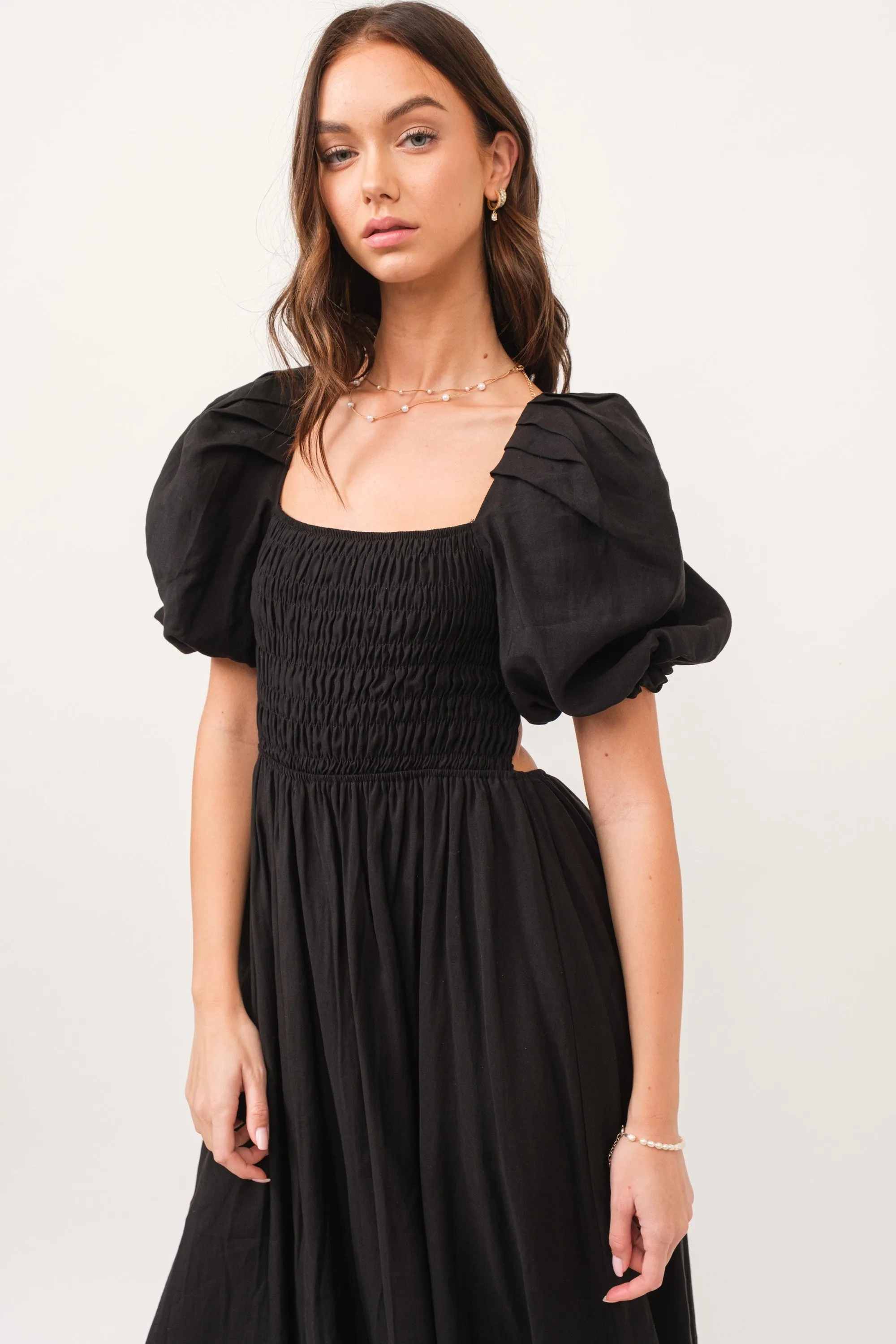 Zuri Black Open Back Smocked Midi Dress