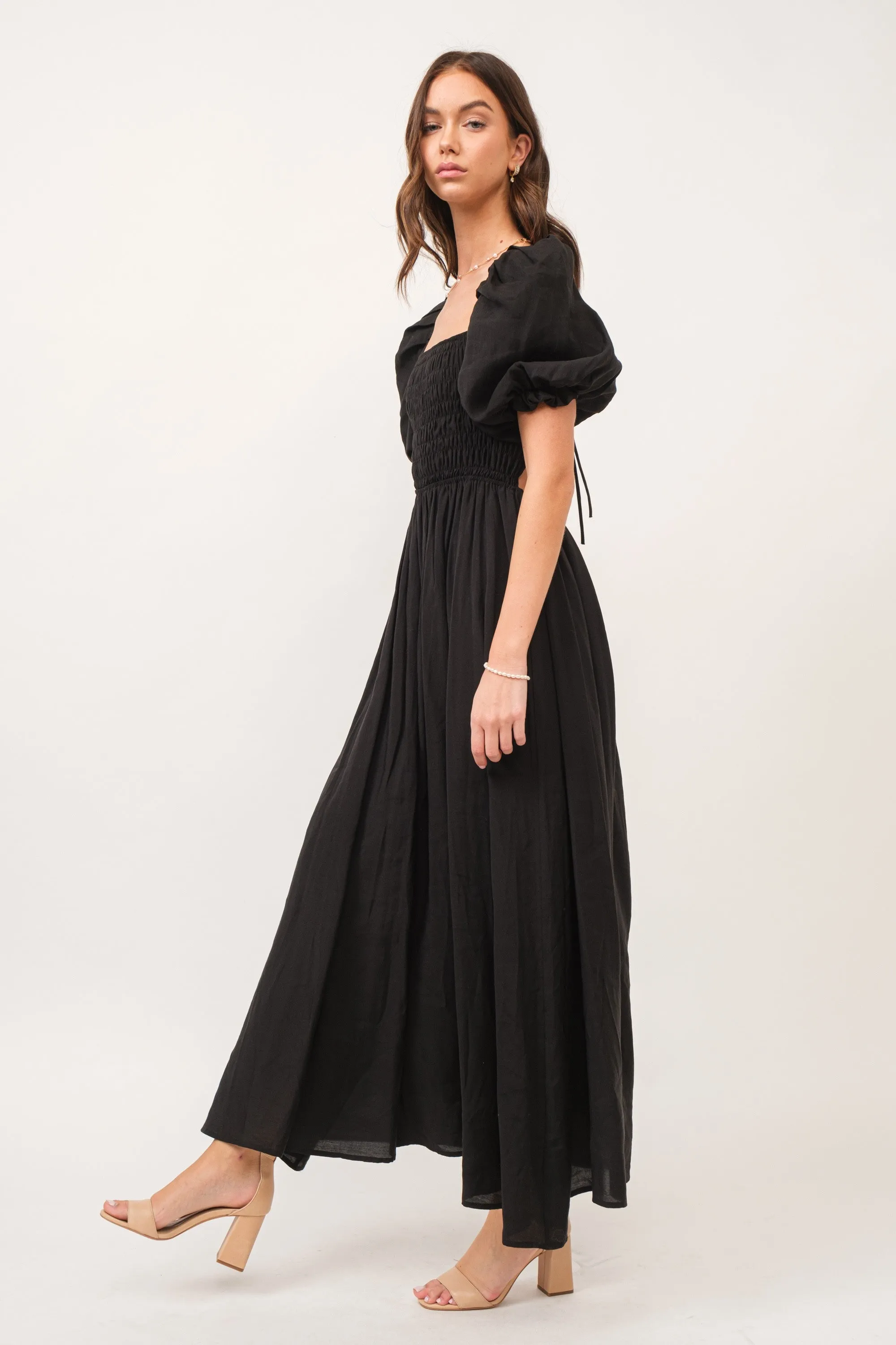 Zuri Black Open Back Smocked Midi Dress