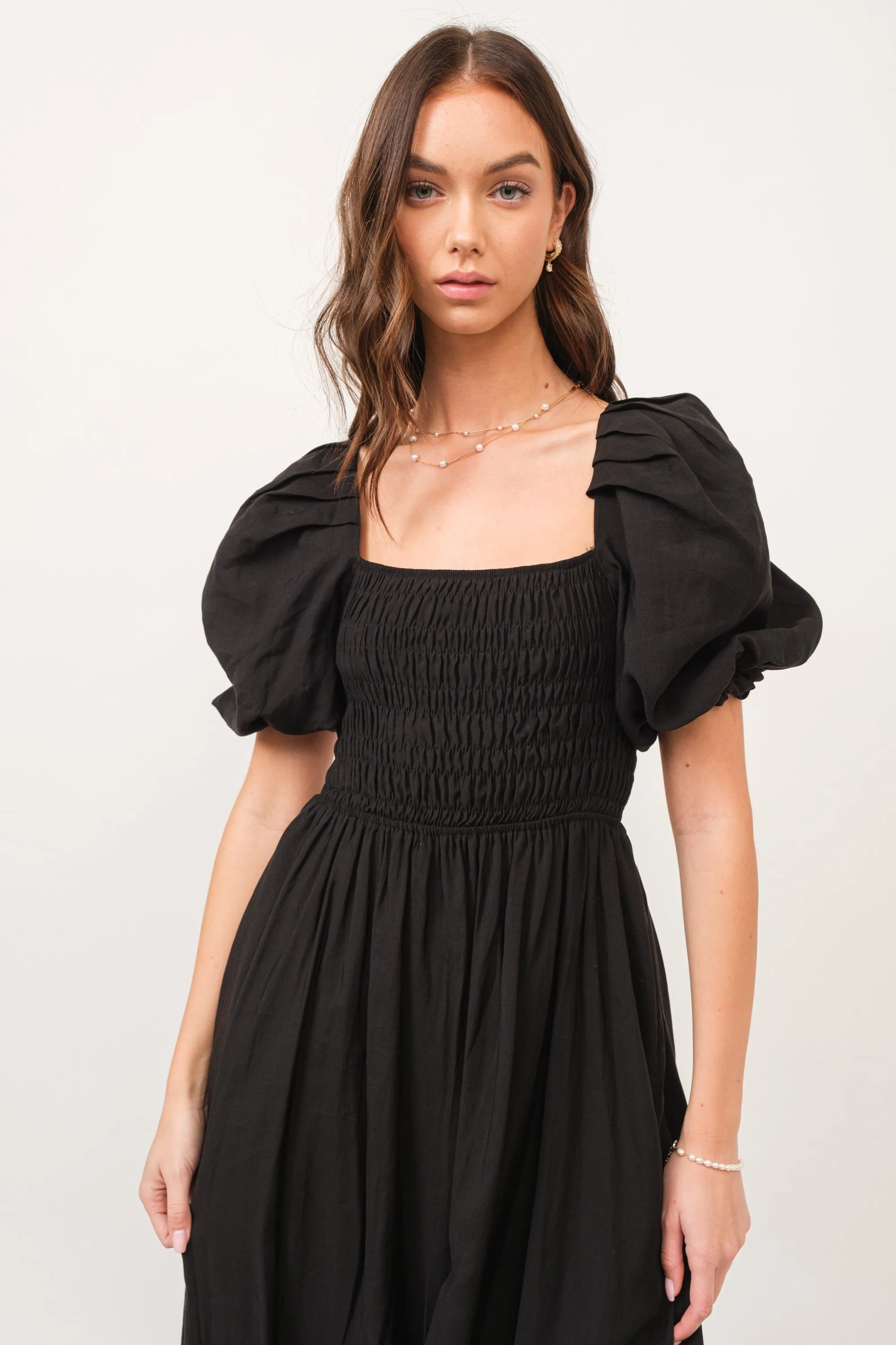 Zuri Black Open Back Smocked Midi Dress