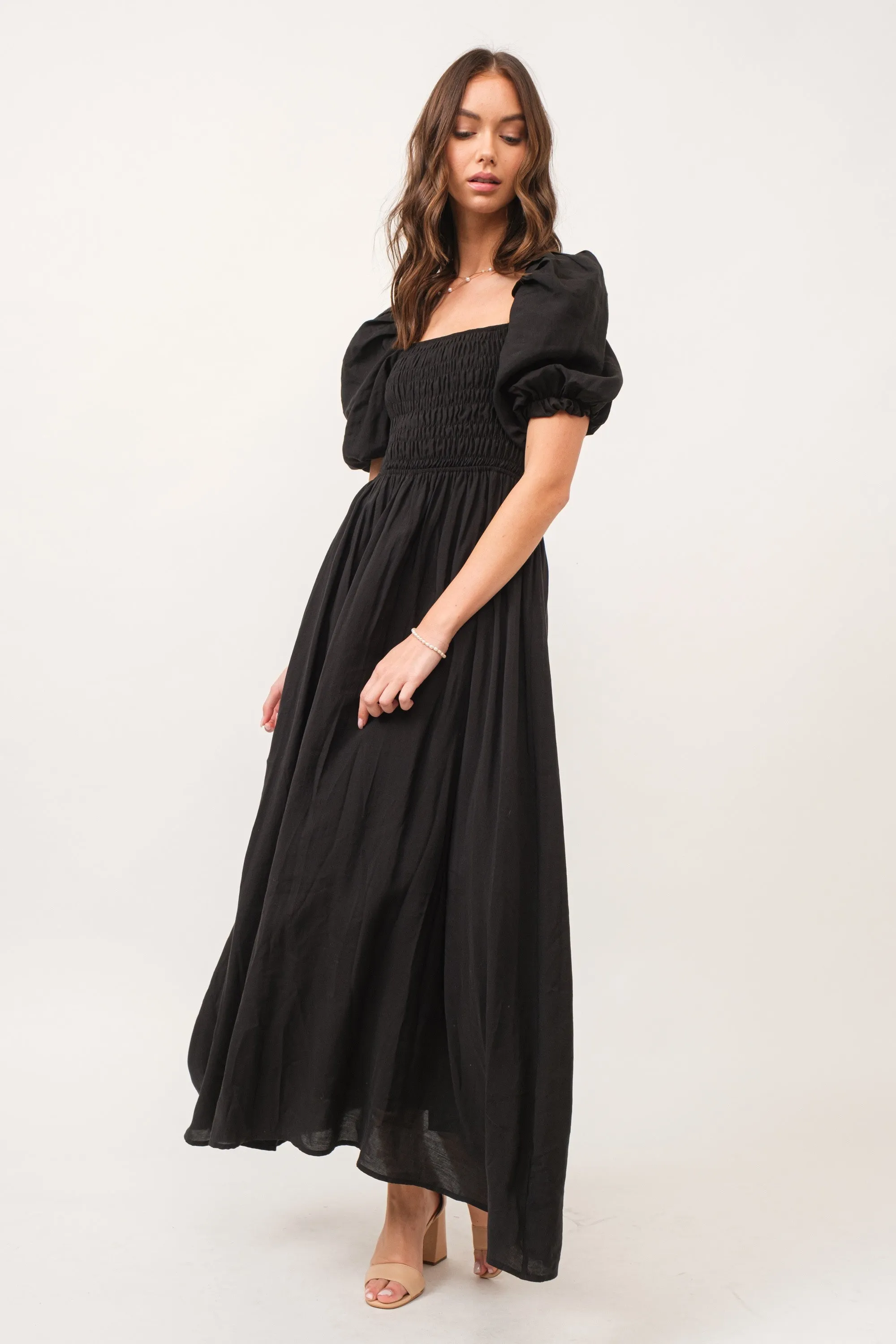 Zuri Black Open Back Smocked Midi Dress
