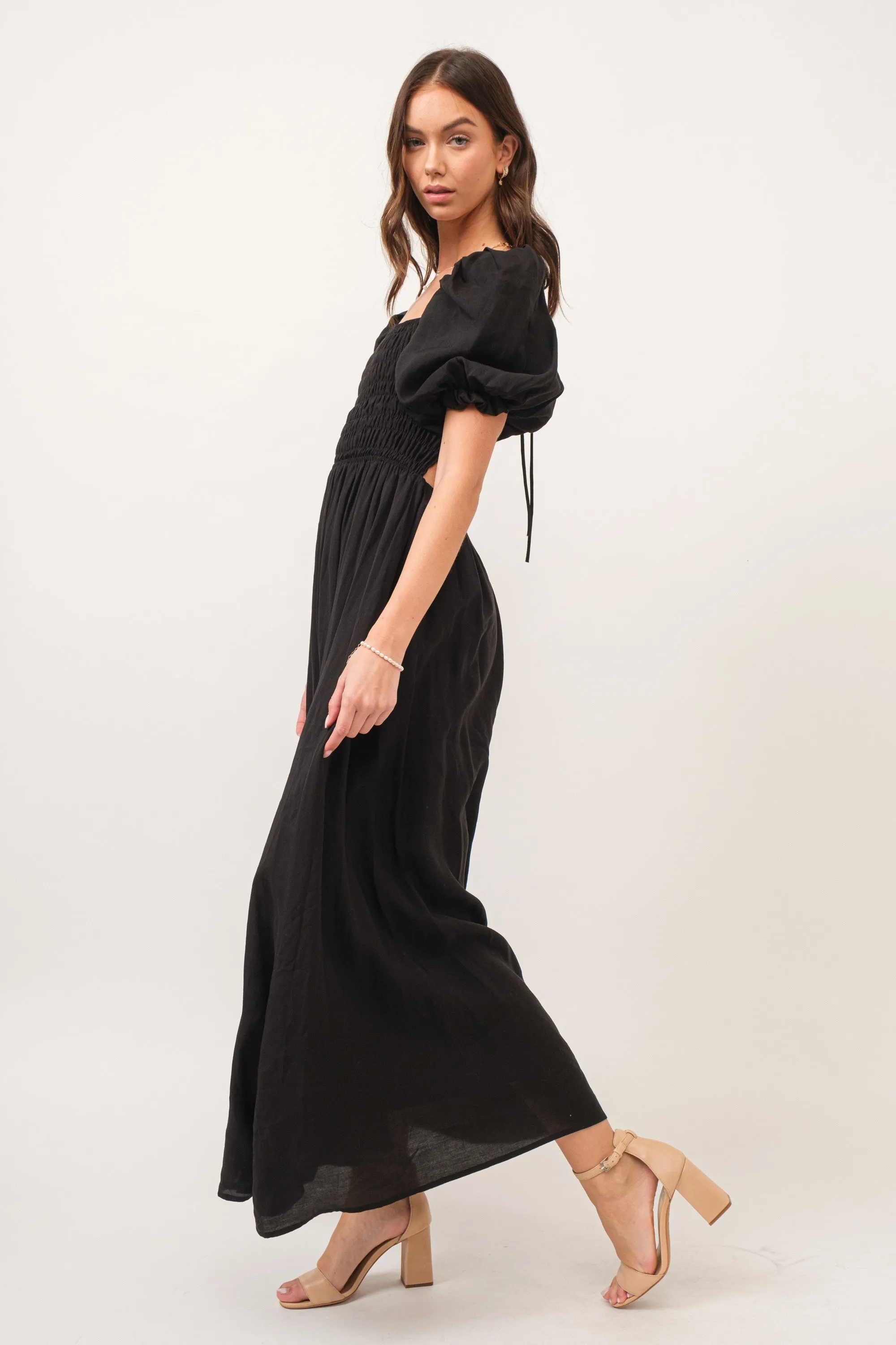 Zuri Black Open Back Smocked Midi Dress